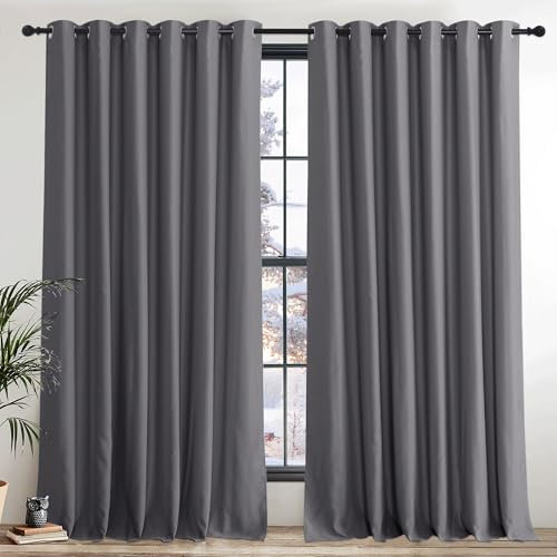 PONY DANCE Blackout Curtains for Bedroom - Grey Thermal Insulated Curtains with Eyelet 2 Panels, 90 Inch Width x 90 Inch Drop Noise Reducing Energy Saving Drapes for Living Room/Hotel,Gray