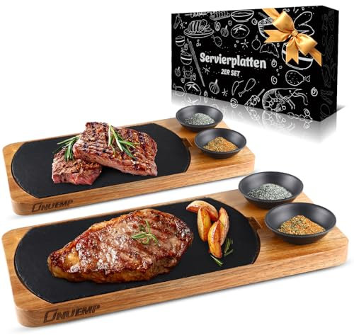 ONUEMP Set di 2 tavole da bistecca, in ardesia, per bistecche, stoviglie, hamburger, sushi e formaggio, set da portata in legno, ideale come regalo perfetto per donne e uomini