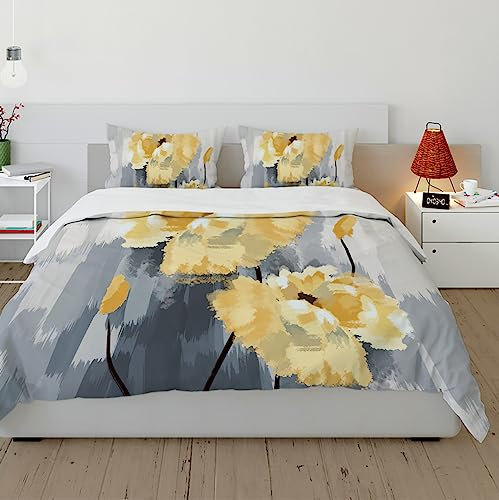 HOBBOY Modernes, schickes 3-teiliges Bettwäsche-Set, gelbes Blumenmuster, Bettbezug-Set, Grauer Bettbezug mit Reißverschluss, 4 Bänder, 2 Kissenbezüge, Keine Laken 230x220 cm