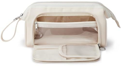 KALIDI Groß Kosmetiktasche Weit Offener Make-up-Tasche Kulturbeutel Schminktasche für Damen Reise Toilettenartikel Zubehör Bürsten (Beige)
