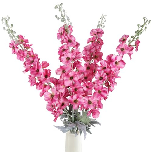 Fqueelvys 42'' Long Stem Pink Delphinium Artificial Flowers for Tall Vases 4PCS Fake Hollyhock Silk Flowers Realistic Larkspur Faux Flowers for Home Wedding Table Decor Floral Arrangement (Deep Pink)