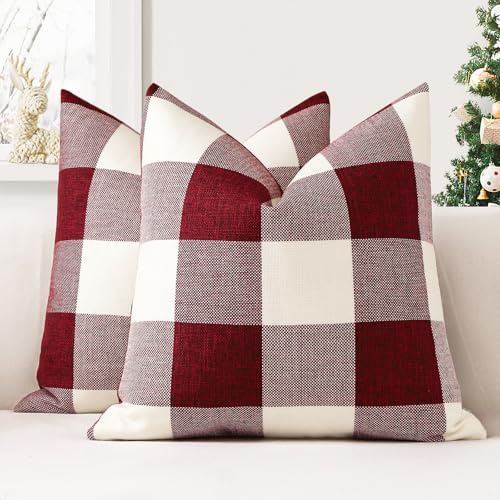 JOTOM Set of 2 Classic Plaids Cushion Covers 60x60 cm Farmhouse Buffalo Check Soft solid Decorative Throw Pillow Covers Home Decor Outdoor Cushion Case for Sofa Bedroom (Red)