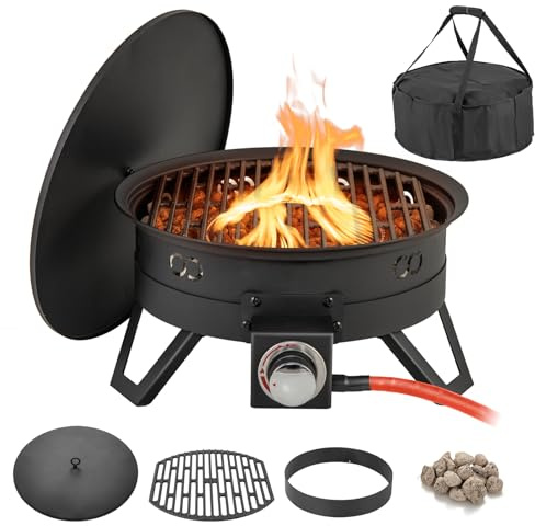 SPOTRAVEL Fire Pit, 2 in 1 Outdoor Patio Heater Firepit with BBQ Cooking Grill and Carrying Bag, Portable 58,000 BTU Propane Fire Bowl for Garden Patio Camping, 44cm Diameter
