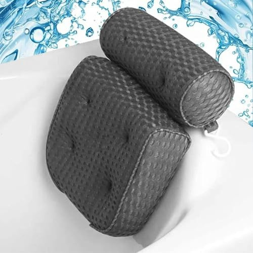 SculifyVita Bath Pillow - Non-Slip Luxury Head/Neck Support, 4D Air Mesh & 6 Suction Cups, Soft Bathtub Cushion Spa Gift (Square Gery)