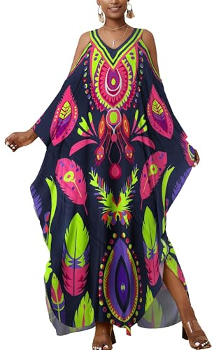 Bsubseach Robe de plage pour femme avec imprimé ethnique - Caftan de plage - Maxi robe, taille unique
