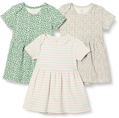 Amazon Essentials Vestido con body de manga corta Bebé Niña, Pack de 3, Rayas/Verde Salvia Flores Pequeñas, 6-9 meses