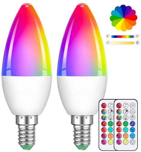 2 Stück 5W Dimmbare Mehrfarbige LED Kerzenbirne E14 C35, Farbwechselbirne Mit Fernbedienung, RGB+Warmweiß Zeitschaltuhr Edison Schraublampe, Geeignet Für Alltagsbeleuchtung Und Stimmungsbeleuchtung