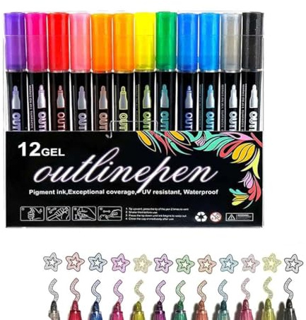 LUCKKY Surligneur Graffiti coloré, Dual-Line Contour Pen, Stylos surligneurs Graffiti Lightstick à colorier, stylos à contour métallique, marqueurs à double ligne pour dessin, bricolage (12Couleur)