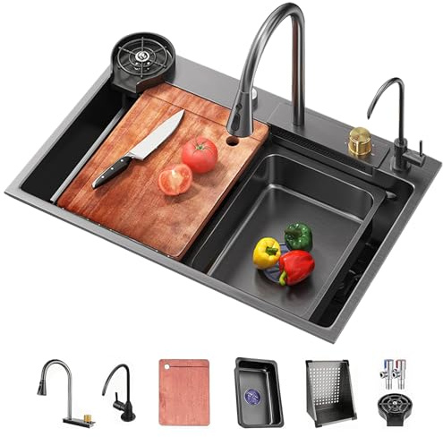 Fregadero de Cocina 80x45cm de Acero Inoxidable - 1 Seno Cascada Multifuncional Sobre Encimera Moderno Con Accesorios Incluidos