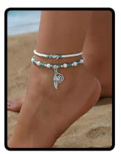 Dishowme Türkis Muschel Feder Fußkettchen Armband Bohemian Mond Stern Muschel Fußkette Hawaii Puka Wachs Seil Perlen Sommer Strand Barfuß Sandale Schmuck für Damen Frauen (Stil B)