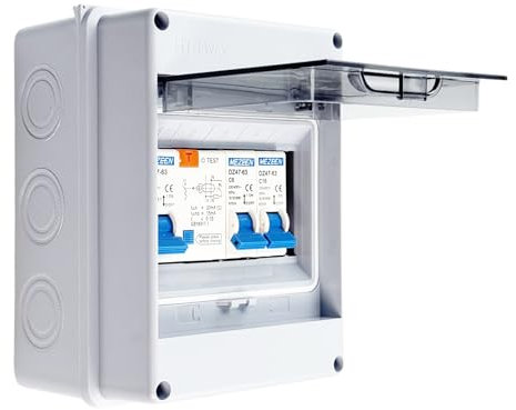 2 Way Consumer Unit Circuit Breaker, HT-5WAY Waterproof Distribution Protection Box with DIN Rail, MCB Anti-Leakage Fuse Box for Garages Caravans Workshops Outdoor 40A 30mA RCD + 2 MCB 6A/16A