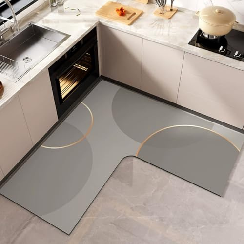 PEIHUODAN Abstrakte Kunst Küche Teppich rutschfest Kieselgur L-förmig Küchenläufer Schnelltrocknend Küchenteppich Absorbierend Läufer Teppich Abwaschbar Küchenmatte Schmutzfangmatte,120x45 cm,Style 5