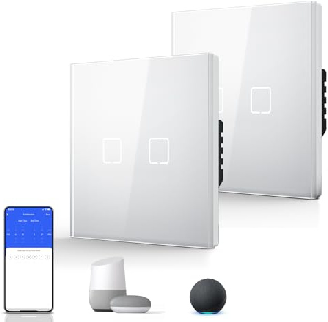 BSEED Smart Touch Lichtschalter,Glas Schalter Unterputz,Wandlichtschalter mit LED Hintergrundbeleuchtung,Neu E-Serie,16A 250V,2 Fach 2 Wege-2 Pack,86mm Weiß