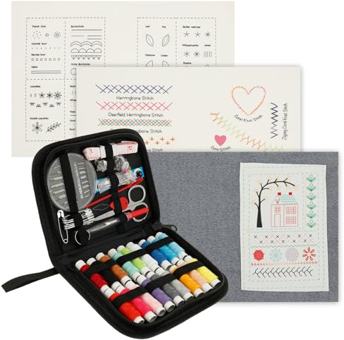 Embroidery Stitch Book for Beginners and Adults, DIY Sewing Book with Needle Thread Tool, Compact Portable for Home Travel Use, Craft Kit for Needlepoint Cross Stitch Patterns Hand Embroidery Learning