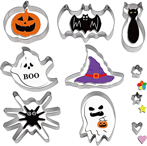 VEYLIN 10 Stück Edelstahl Halloween Biskuit Schneideform - Mit Spinnen/Katzen/Kürbis Motiven - Für Festtorten, Kochworkshops,.originelle Geschenke