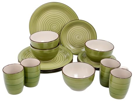 DIVCHI 16 Piece Dinnerware Set Kitchen Dinner Sets For 4 | Dessert Plates | Cereal Bowls | Mugs | Side Plate | Tableware | Combination Sets (Round Dinnerware Set, Green & White)