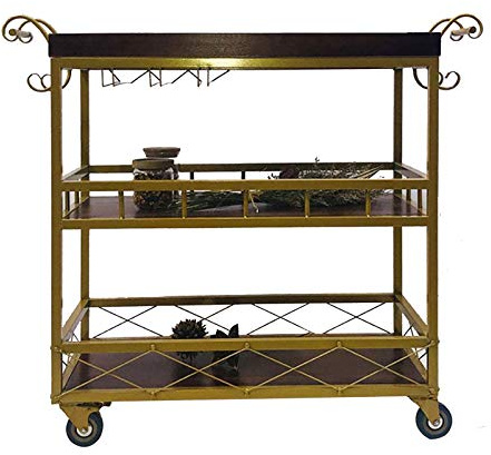 JYHHGDS Barwagen mit Rollen, Weinservierwagen mit Holz- und Metallrahmen, 2 feststellbare Räder, Servierwagen für Esszimmer im industriellen Vintage-Stil mit Weinglasregal, Gold, 60 x 35 x 75 cm