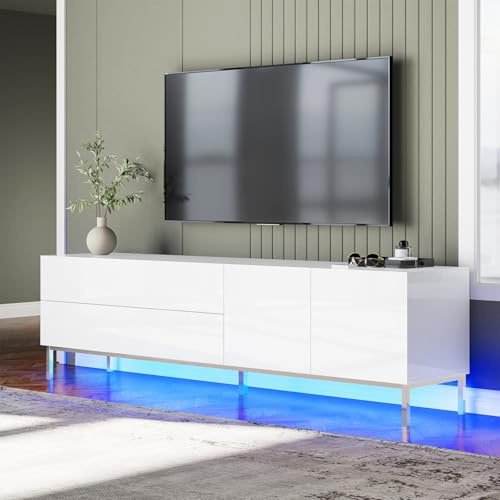 LUXOAK TV Lowboard Hochglanz Weiß mit LED, Fernsehschrank für Fernseher bis 80 Zoll, mit Schublade & Türen, 160 x 40 x 54.5cm, verchromten Füßen für Wohnzimmer & Schlafzimmer