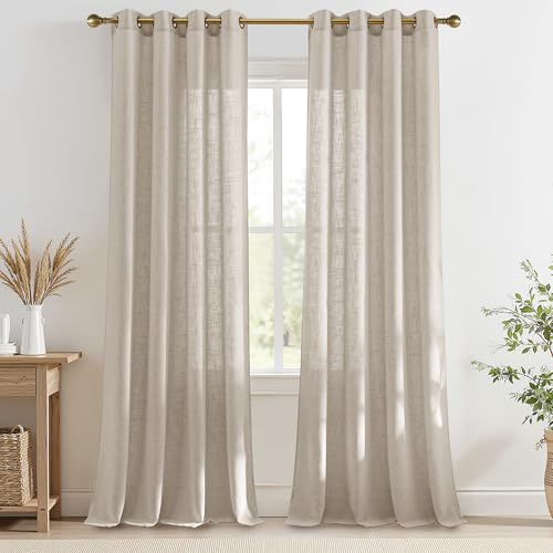 PONY DANCE Dichte Leinen Gardinen mit Ösen Vorhang Halbtransparent Boho | 2er Set, H225 x B140cm, Khaki, 220g/m², Schwer, Leinenoptik, Sonnenschutz, Landhaus, für Schlafzimmer Wohnzimmer Esszimmer
