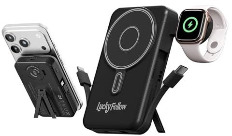 LUCKYFELLOW Magnetic Portable Charger Built-in Cables,10000mAh Fast Charging Wireless Charger Station External Battery Pack Slim Pocket Size Power Bank with Stand Compatible with iWatch, iPhone