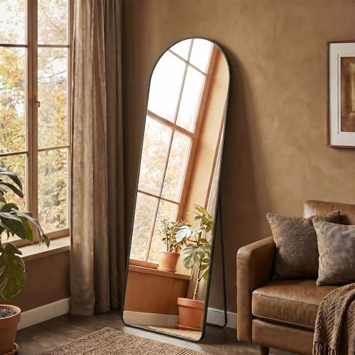 SONGMICS Ganzkörperspiegel, 150 x 40 cm, gewölbter Standspiegel | Rahmen aus Aluminiumlegierung, Stahl, Spiegelglas, abgerundete Ecke, Mattschwarz, AILEAS Kollektion LFM055BD01