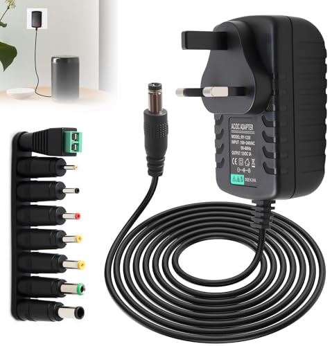 12V 3A Universal Power Supply Cable Adapter UK 36W AC DC Cable 5.5x2.5mm | with 8 Replacement Tip 100-240V 50-60Hz Converter Wall Charger for CCTV Security Led Strip Lights TV Box Router Speaker