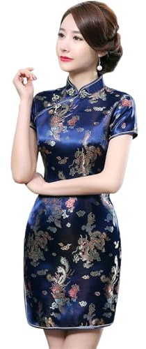 IUYTYSER Women's Short Sleeve Dress Chinese Traditional Women Qipao Summer Stand Collar Cheongsam Dresses for Weddings Guest Evening Wear UK Ball Elegant Party Sequins Womens Prom (Blue, M)