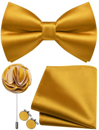 Ailisus Einfarbig Fliege Herren Vorgebunden Satin Fliege und Einstecktuch mit Ansteckblume Manschettenknöpfe Set für Hochzeit