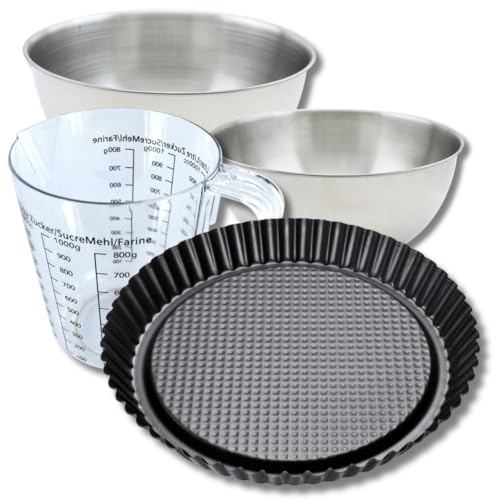 Zenker 9375250 Set pâtisserie Moule à Tarte Renversée 30 cm Fond Gaufré, Antiadhésif Teflon, Brioches, 2 Bols à Mixer en Acier Inox 20,5 et 25 cm, Verre Mesureur Plastique 1 L, Spatule Silicone, Noir