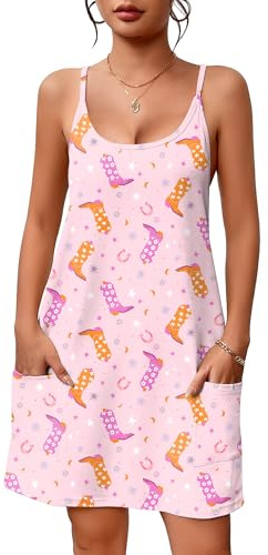Ekouaer Nightgowns for Women Sleeveless Sleepwear Adjustable Spaghetti Strap Sleepshirt Cotton Nightdress with Pockets Pink Star XL