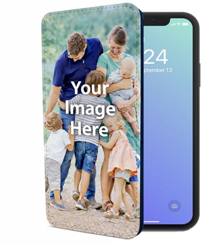 Personalised Wallet Phone Case Flip Cover Compatible with iPhone SE 7 8 X XR 11 12 13 14 15 16 16E 17 Air Plus Mini Pro Max – Faux Leather Design/Picture/Image Customised Photo Black