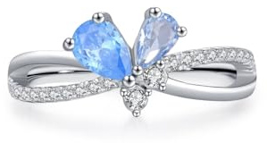 KnSam Au750 Weißgold Trauringe Echt Schmuck, Elegant Hohl Schmetterling Freundschaftsringe mit Topas Blau Tropfenschliff, Hochzeitsring Moissanit 18K Gold, Gr.58 (18.5)