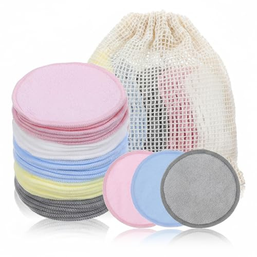 30pcs Reusable Makeup Remover Pads, 5 Colors Washable Bamboo Face Pads for All Skin Types, Soft Cleansing Rounds with Cotton Laundry Bag for Skin Care, Eco-Friendly Makeup Remover Cloths (Multicolor)