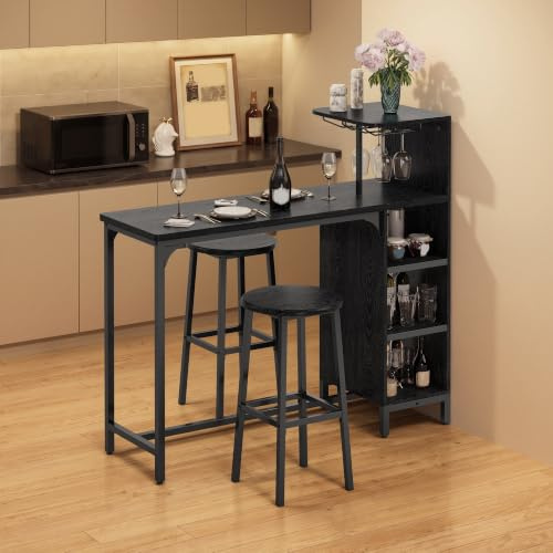 Xbro Bartisch mit Barhocker Set, Industrieller Bartisch mit Weinregal, Gläserhalter und 6 Flaschenhalter, Platzsparender Barschrank mit Seitenablagen, MDF & Metall, 120 × 40 × 120 cm, Schwarz | Bartisch im industriellen Stil mit Glashalter, Flaschenhalter, Weinregal, Seitenregale