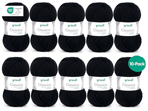 Gründl Wolle Classico Merinowolle Strickgarn - 10 Knäuel 50 g, schwarz | Dicke Wolle zum Stricken und Häkeln - Weich und hautfreundlich - 50% Merinowolle, 50% Polyacryl 120m - Nadelstärke 3,5 4,5