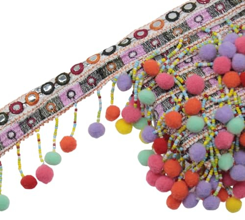 Yalulu 5 Yards Bunte Pom Pom Pompom Trimm Ball Perlen Fransen Quasten Band Ribbon Bommelborte Bommelband Fertigkeit Nähen Zubehörteil
