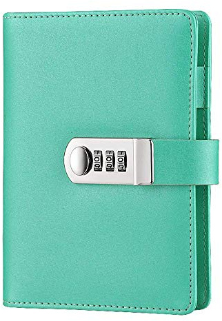 A6 Nachfüllbares Binder-Notizbuch, PU-Leder, abschließbar, Tagebuch, Tagebuch, Skizzenbuch, Tagesplaner, Agenda, Notizblock mit Code-Schloss, Stifthalter und Kartenfächern (Minzgrün)