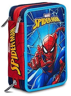 Seven Federmäppchen, Mäppchen, Mehrfarbig, nachhaltiges Gewebe, Federtasche für Schreibwaren, mit Stiften, Kugelschreiber & mehr, 3 Fächer, Mädchen & Jungen, Schule&Grundschule, XXL Spiderman Marvel