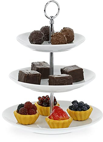 Relaxdays Soporte Tartas 3 Pisos, Redondo, Platos Cupcakes, Galletas, Fruta, Brownie, Porcelana y Metal, Blanco/Plateado, Cerámica, 23 x 18 cm