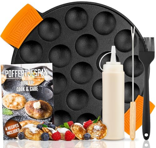 IRONO Poffertjes Pan - Mini Pancake Maker - Pancake Pan - 19 Mini Pancakes - Eggs Crepe Pan - Cast Iron - Includes Brush, Turning Fork, Batter Bottle, 6 Forks, Handles