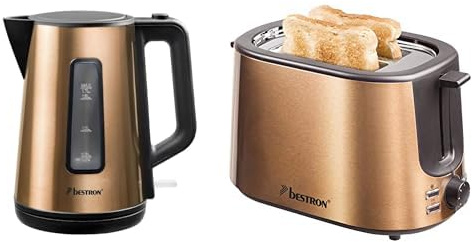 Bestron Grille-pain avec 2 fentes pour griller des toasts, Tiroir ramasse-miettes et gril intégrés & Bouilloire électrique sans fil avec arrêt automatique, 1,7 Litres, Acier inoxydable, Design cuivré