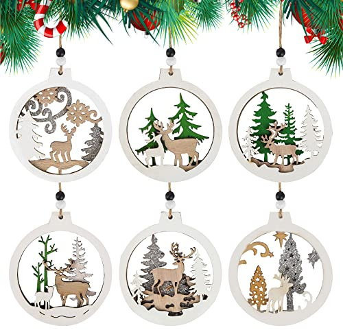 Wooden Christmas Ornaments,12Pcs Reindeer Wooden Decorations Christmas Hanging Baubles 3-Layers Fretwork Wood Carving Ornaments Elk Pinewood Pendants Decor for Christmas Tree,Gifts（White Green）