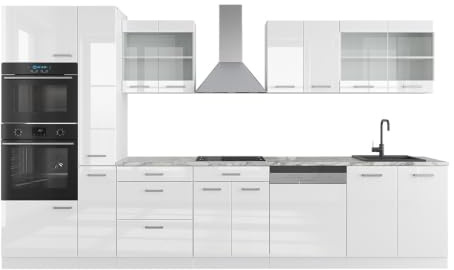 Vicco Küchenzeile R-Line, Weiß Hochglanz/Weiß, 350 cm | 9 Module · Höhenverstellbare Füße · AP Marmor inkl. · Robuste Fronten · Mit Backofen-/Mikrowellenschrank