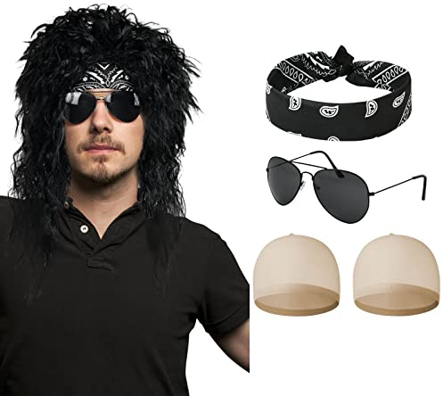 Aomig Rocker Schwermetall Punker Kostüm Zubehör, Punk Gothic Rocker Kit | Perücke Bandanas Nylon Wig Cap, Disco Rockstar Locken Perücke, 70er 80er 90er Jahre Jahre Accessoires für Männer Frauen