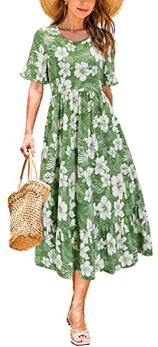 STYLEWORD Dam sommarklänning blommig kortärmad dam vardaglig gunga midi-klänning med fickor, Blommig-p, M