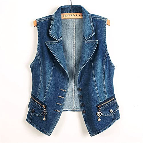 Jeansjacke Damen, Damen-Jeansweste Jacke Dunkelblau Schmale Passform Anzug Revers Ärmellos Knopfleiste Jeansweste Weste Vintage-Waschung Distressed Verkürzte Denim-Gilet Lässige Oberbekleidung Ob