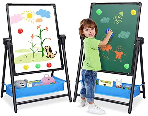 Kinder Tafel Staffelei Metall Kindertafel Doppelseitige Whiteboard Und Kreidetafel Höhenverstellbar Standtafel mit Zubehör(Schwarz 2)