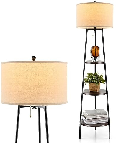 GiantexUK Tripod Floor Lamp with Shelves, Standing Corner Shelf Lamp | with Round Fabric Lampshade & E27 Socket, Modern Metal Frame Reading Light for Living Room Bedroom Office