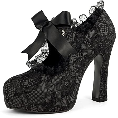 elerhythm, scarpe da donna con punta floreale, tipo Mary Jane, punk, chiuse, a punta, costume, eleganti, gotiche, pumps, vintage, con piattaforma, tacco alto, Nero , 41 EU
