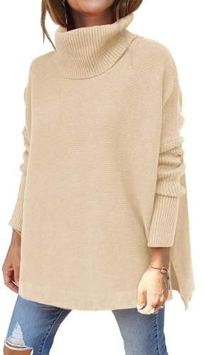 Jhsnjnr Womens Casual Oversized Turtle Neck Knit Jumpers Batwing Long Sleeve Pullover Sweaters Apricot